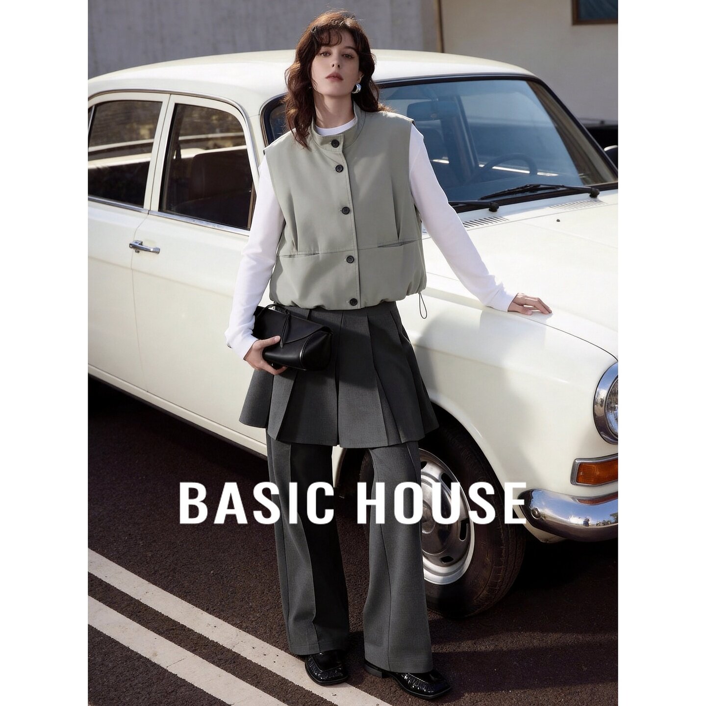 Basic House/百家好新款立领纽扣马甲女浅灰叠穿百搭休闲背心外套