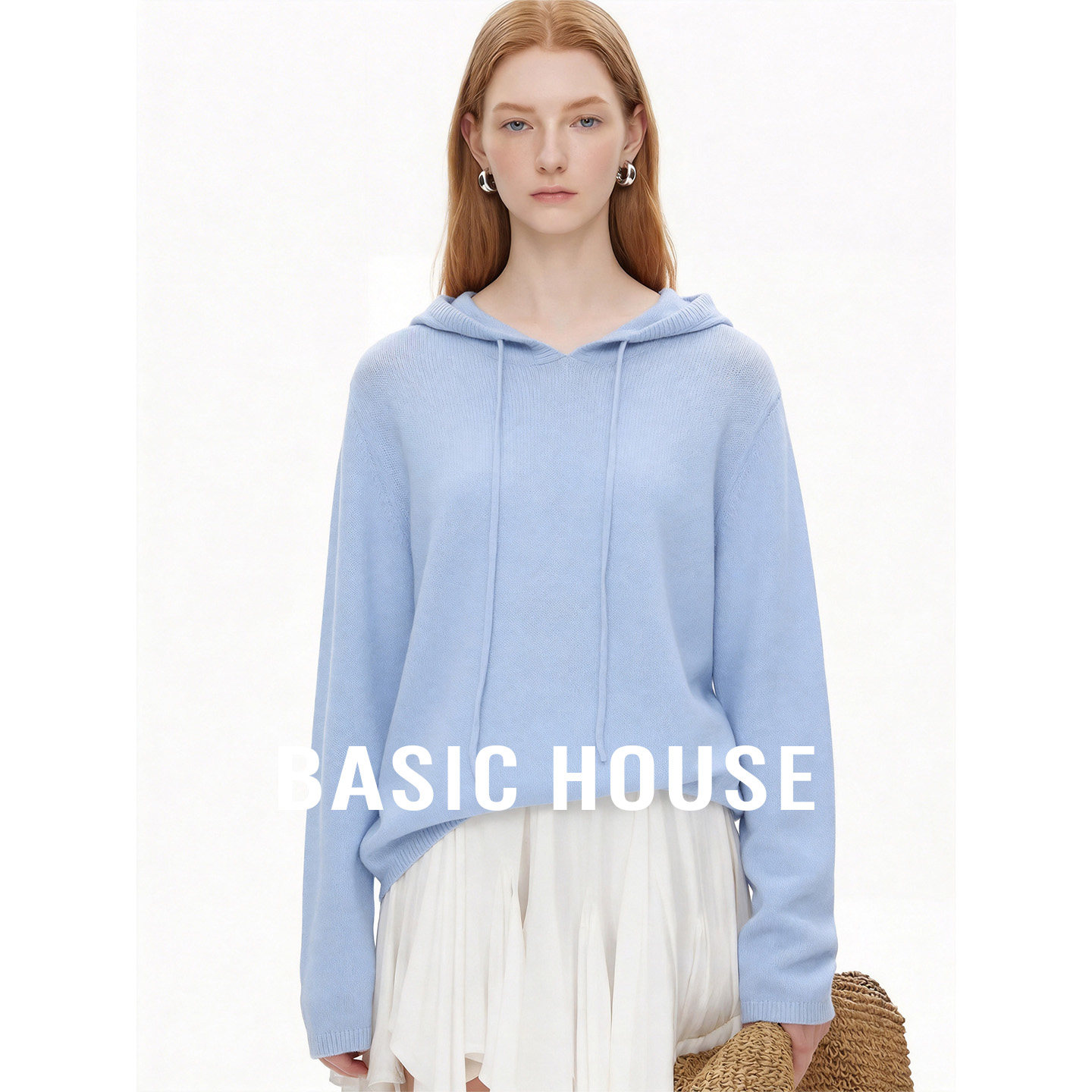 Basic House/百家好蓝色简约宽松版套头针织衫女夏季舒适百搭上衣