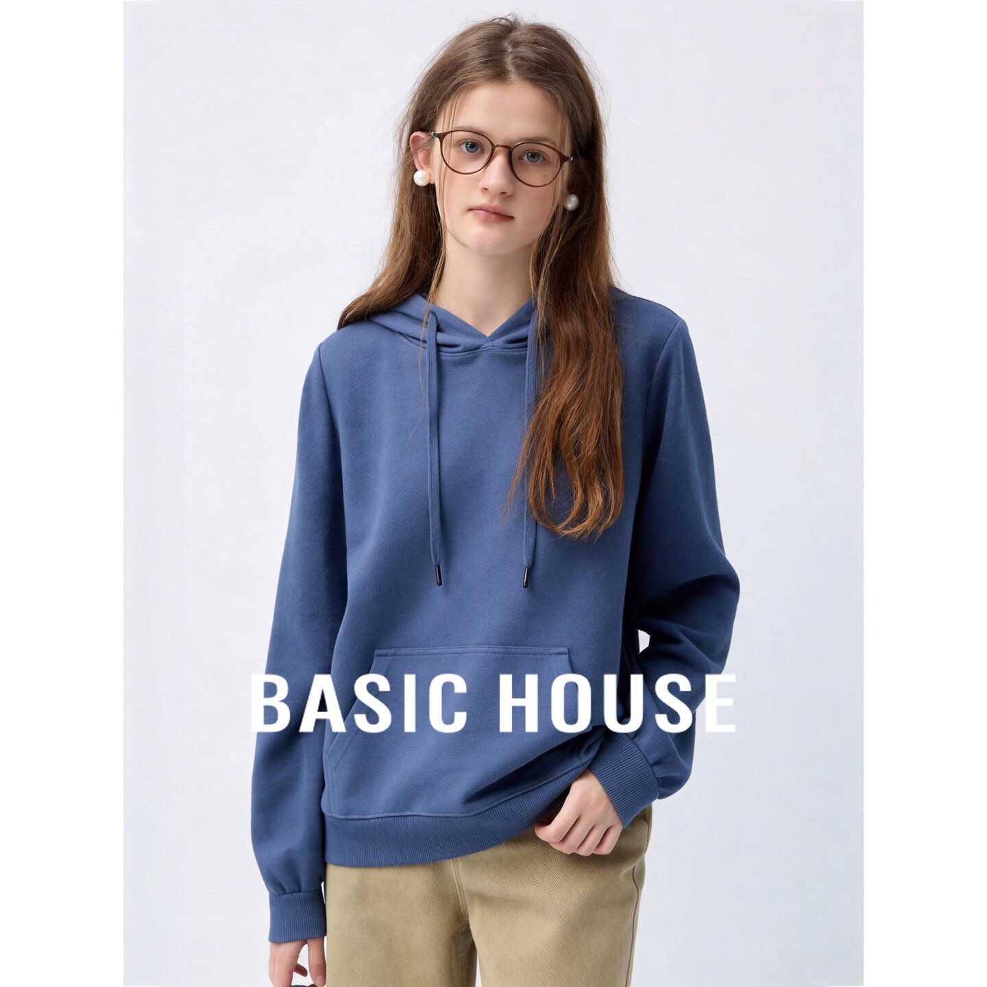 Basic House/百家好连帽卫衣女秋季宽松显瘦蓝色长袖套头休闲上衣