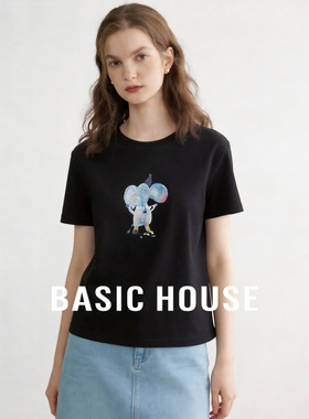 Basic House/百家好休闲风大象印花短袖夏季薄款宽松显瘦黑色T恤