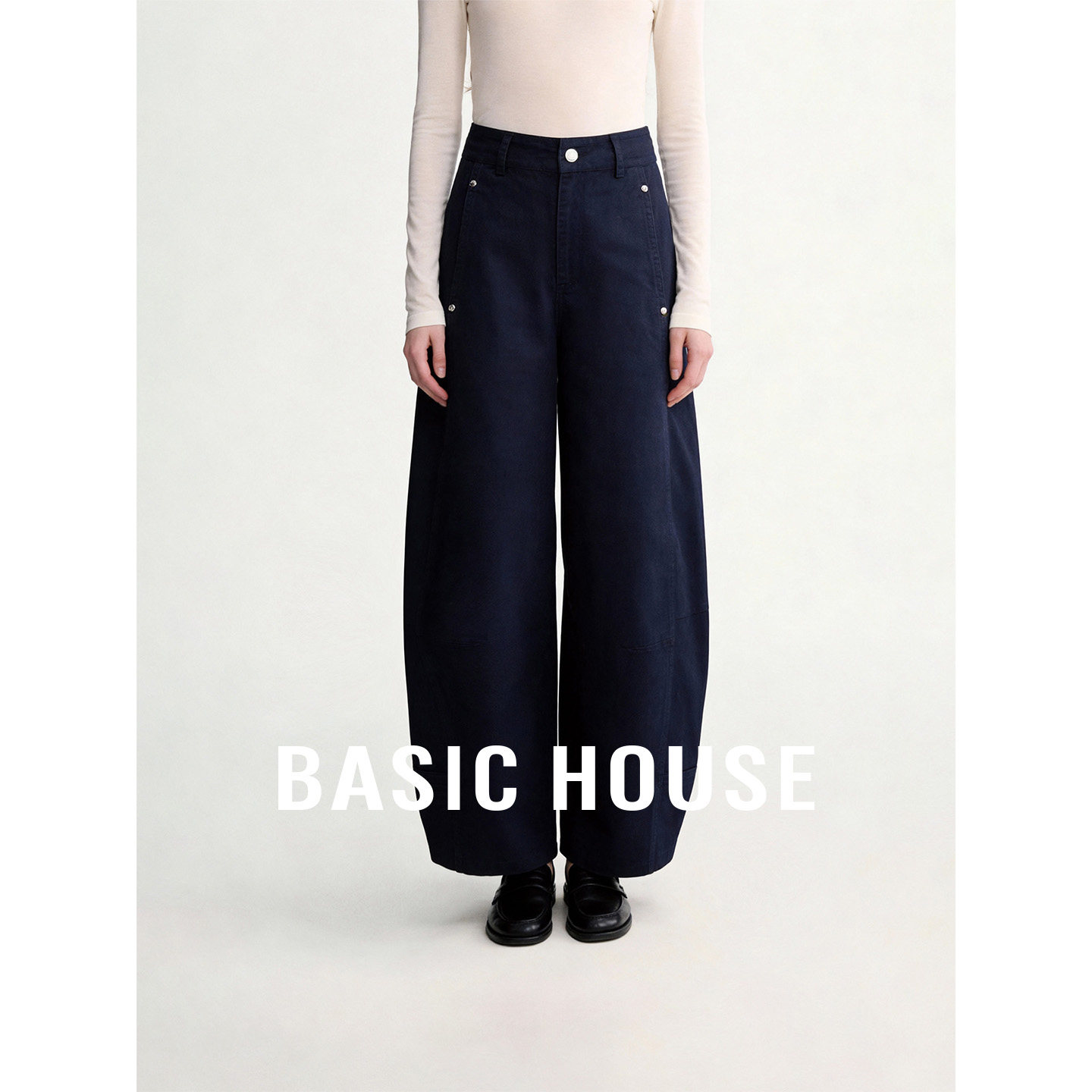 Basic House/百家好高腰藏青色弯刀裤女秋季百搭直筒阔腿牛仔裤