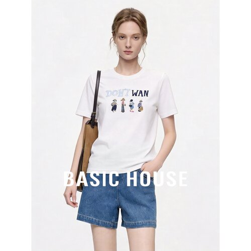 Basic House/百家好趣味人物字母刺绣T恤女夏季宽松圆领短袖上衣