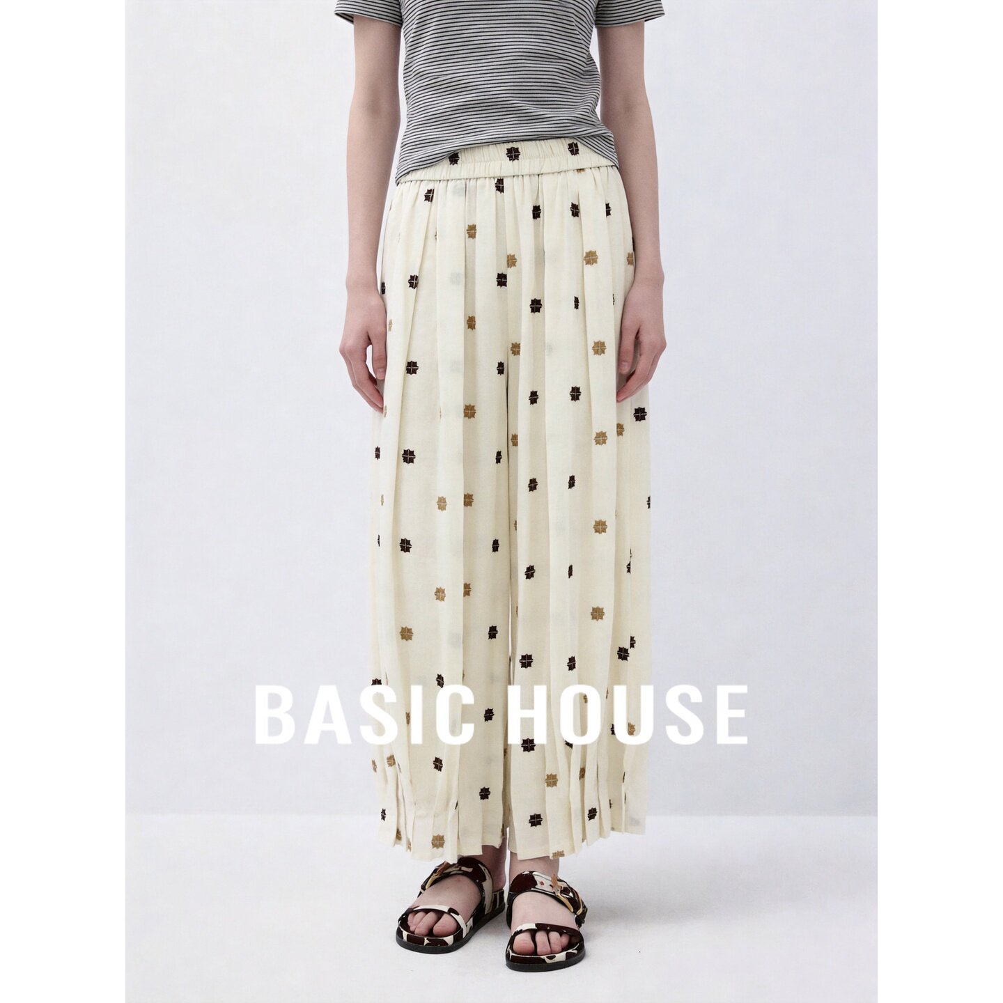 Basic House/百家好松弛感波点刺绣阔腿裤女高腰显瘦宽松凉感长裤