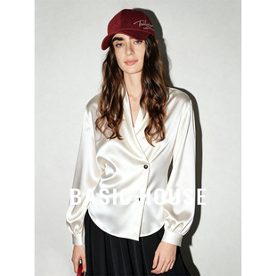 Basic House/百家好2026春季V领长袖斜襟衬衫女气质米色短款衬衣