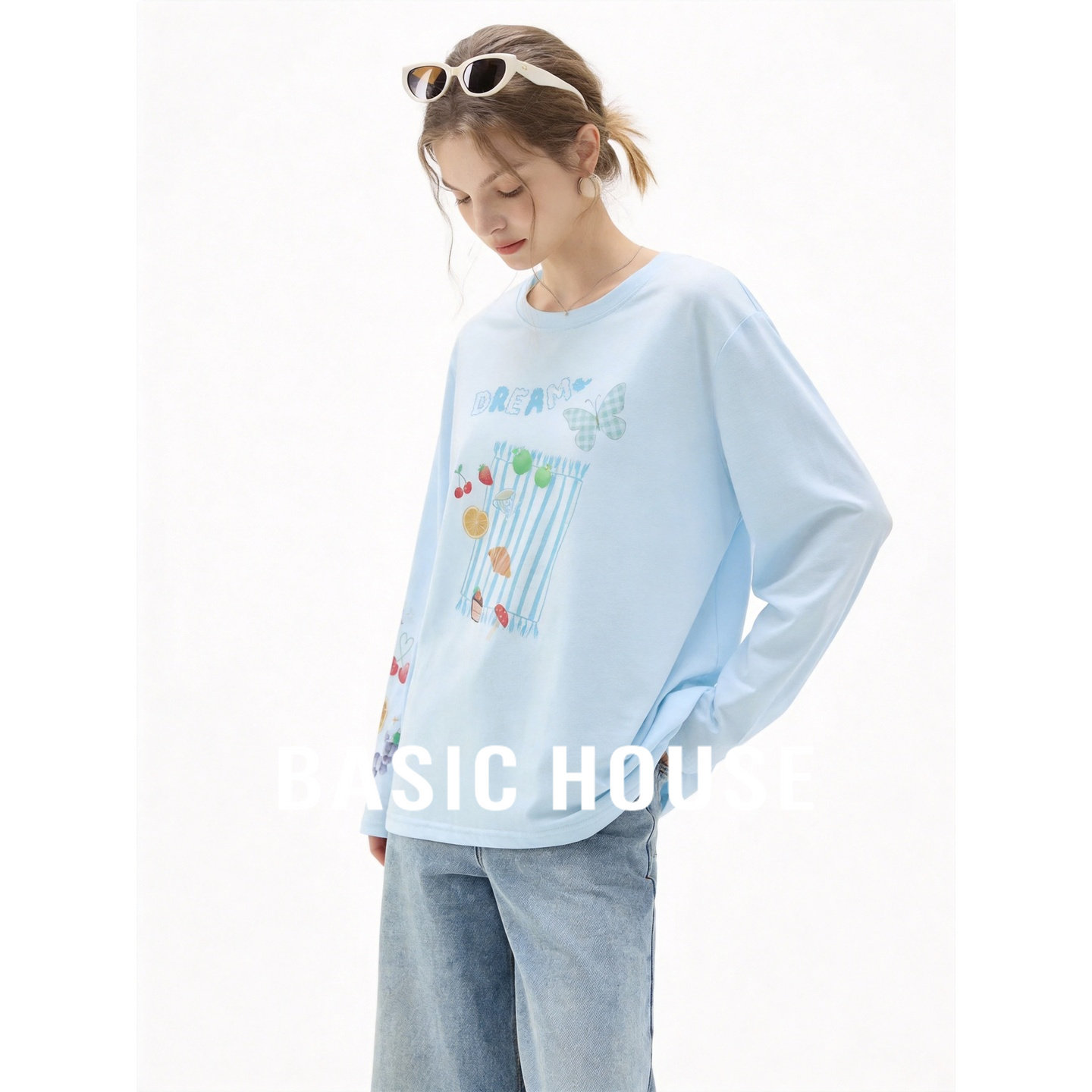 Basic House/百家好韩版可爱休闲长袖T恤女夏季薄款宽松防晒罩衫