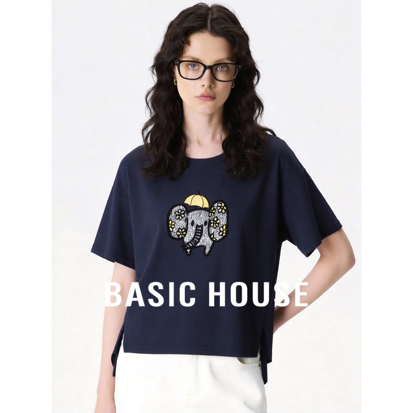 Basic House/百家好藏青色短袖T恤大象印花圆领上衣夏季休闲百搭