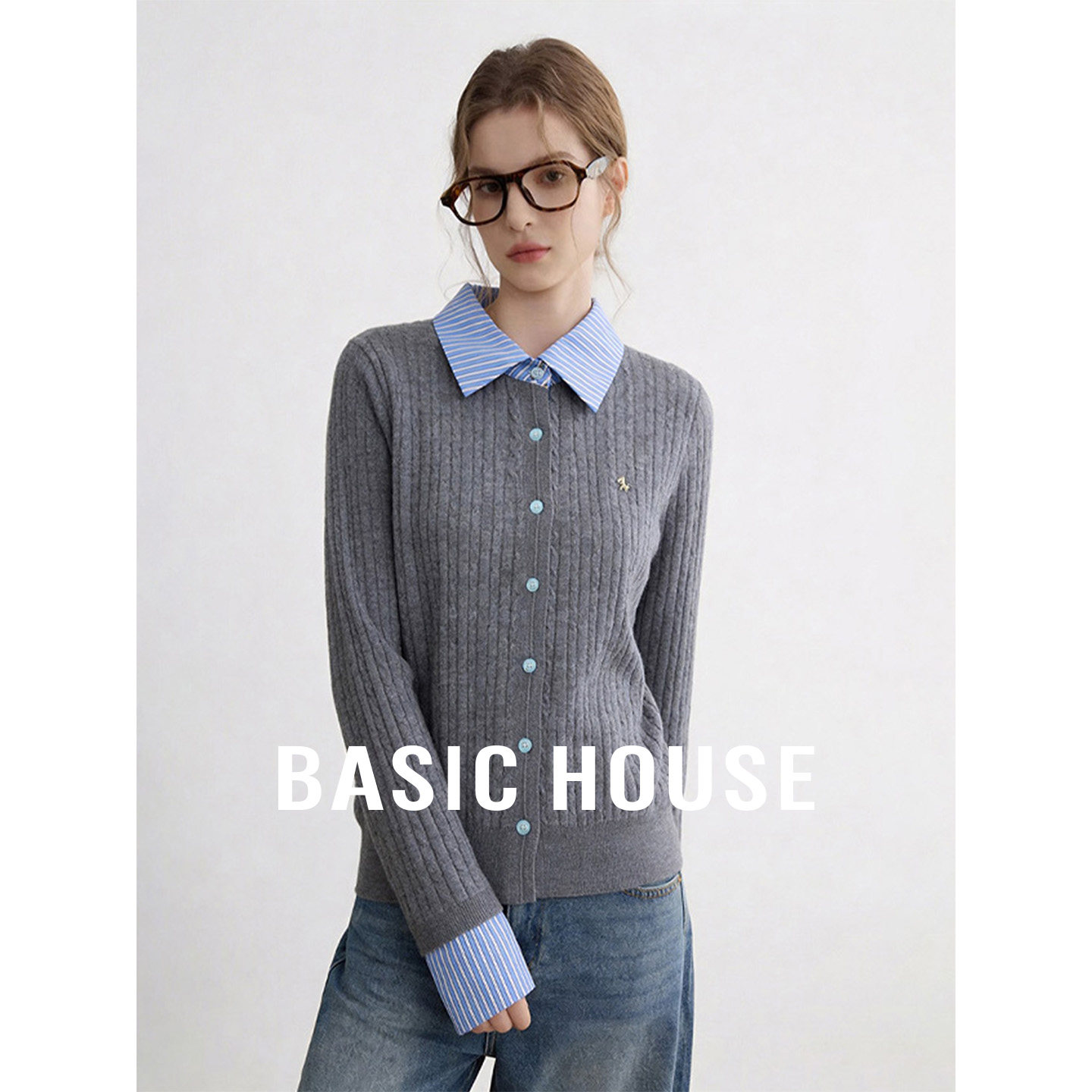Basic House/百家好灰色假两件衬衫领针织衫女26秋小众设计感上衣