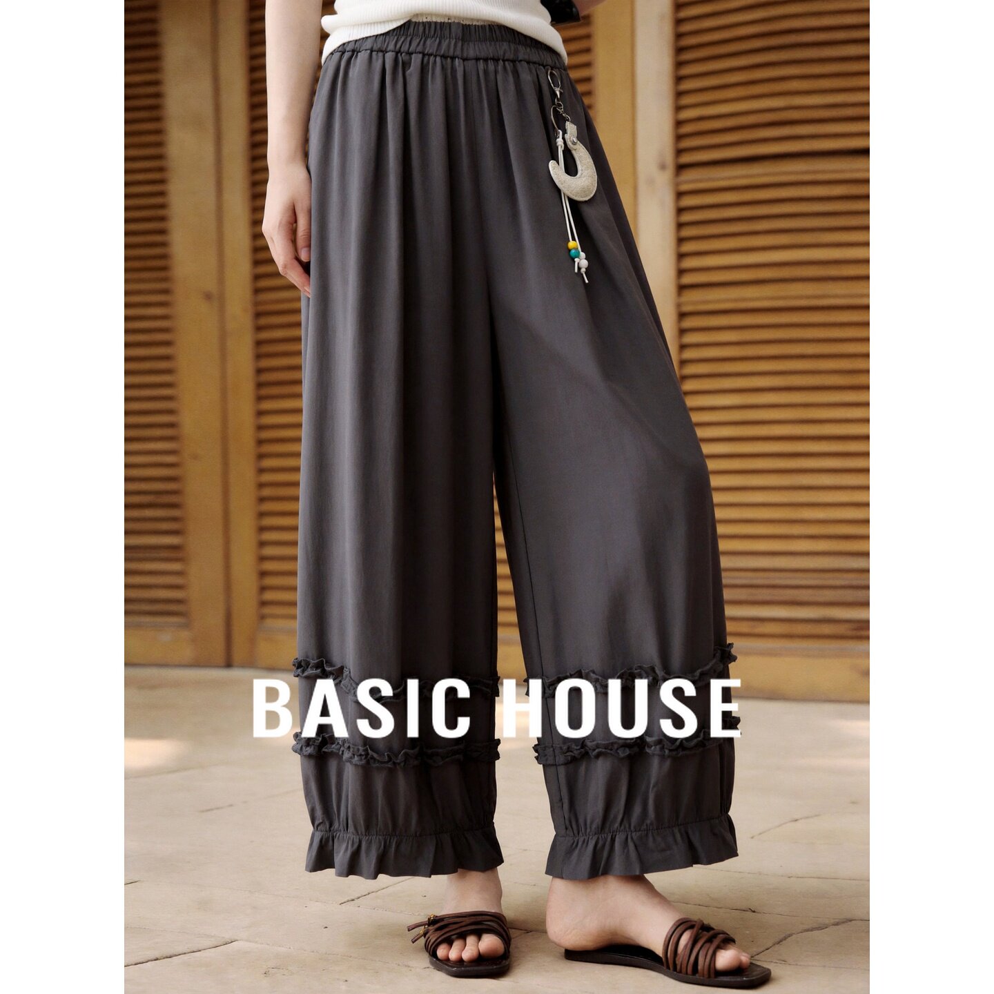 Basic House/百家好高腰花边灯笼裤春季薄款显瘦九分花苞裤休闲裤