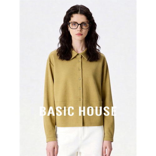 Basic House/百家好纯色翻领宽松短外套女春季休闲长袖单排扣衬衣