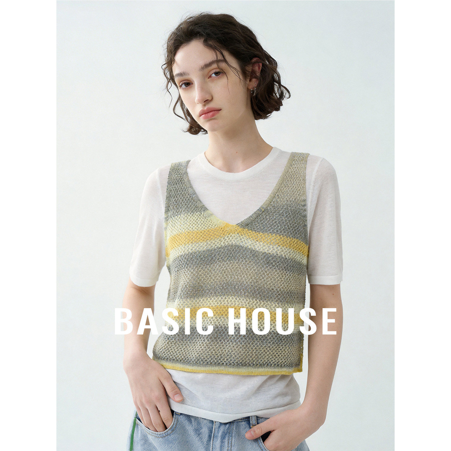 Basic House/百家好夏季新款小个子韩系撞色假两件短袖针织衫女士