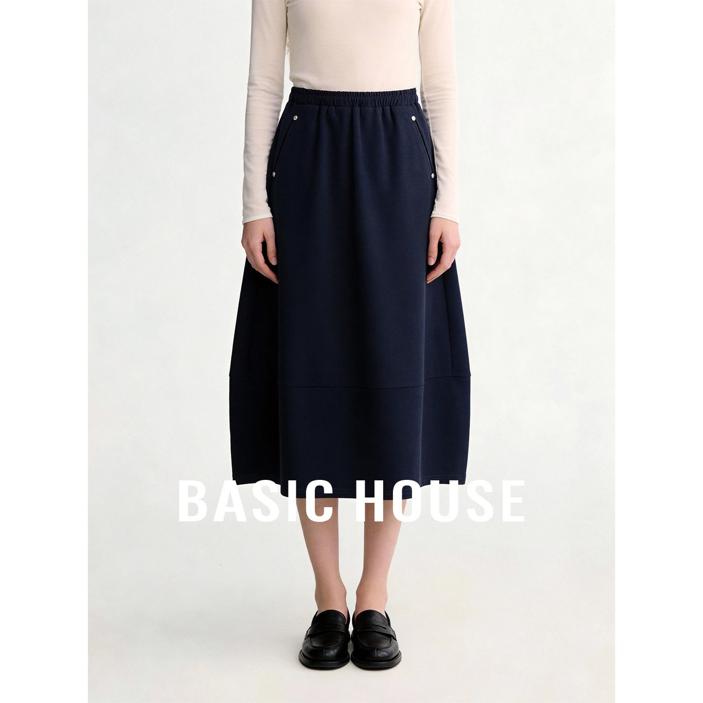 Basic House/百家好藏青色松紧腰半身裙女春季百搭花苞A字中长裙