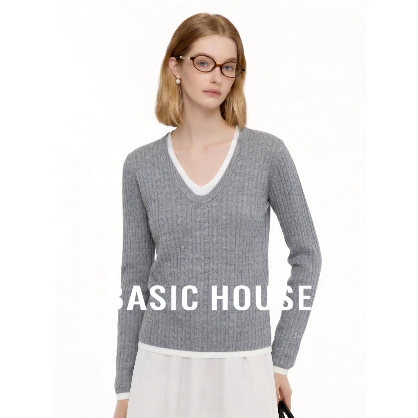 Basic House/百家好学院风V领螺纹宽松套头针织衫女百搭减龄秋季