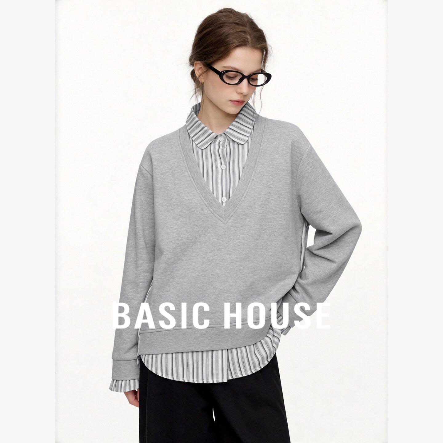 Basic House/百家好假两件翻领条纹卫衣宽松百搭休闲套头针织上衣
