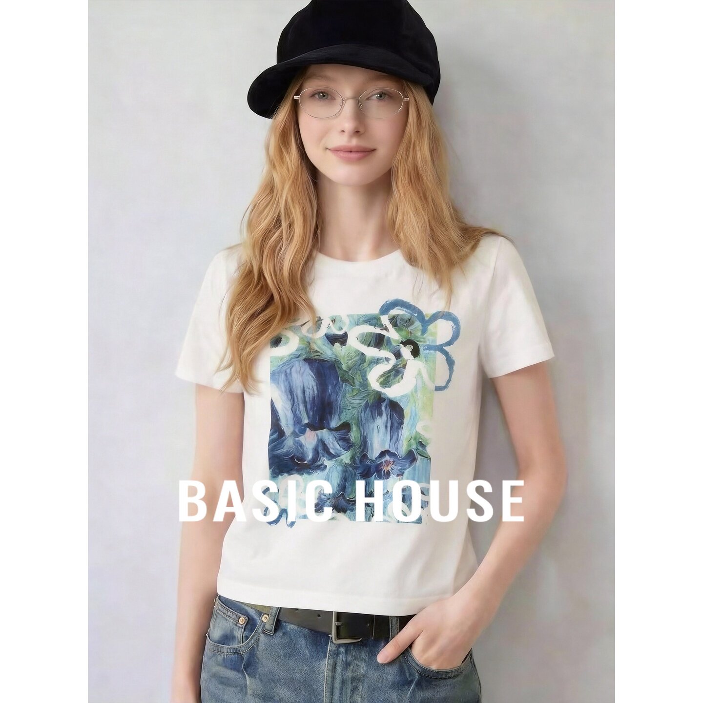 Basic House/百家好白色短袖T恤女印花图案宽松夏季时尚百搭上衣