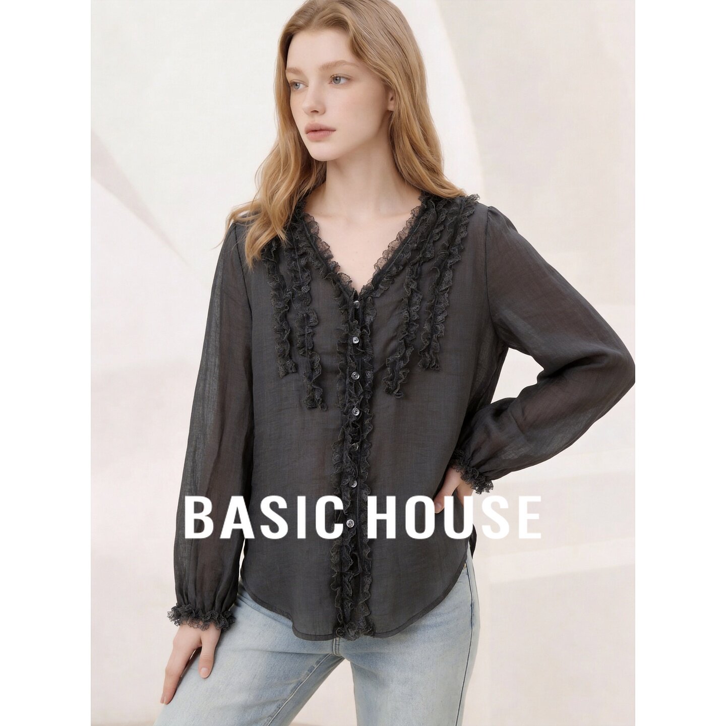 Basic House/百家好法式苎麻V领荷叶边长袖衬衫女黑色设计感上衣