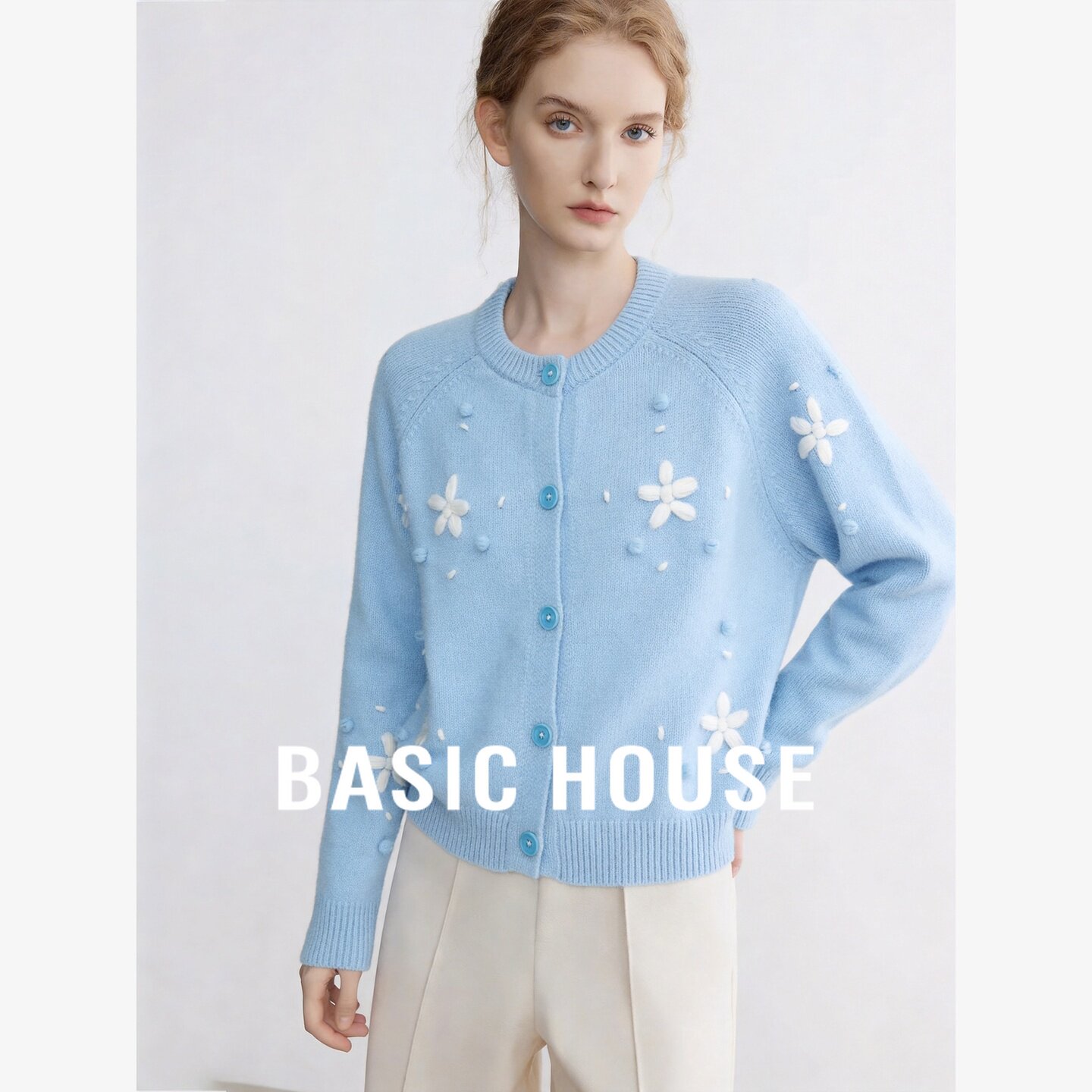 Basic House/百家好手工刺绣圆领毛衣开衫女设计感针织衫明媚穿搭