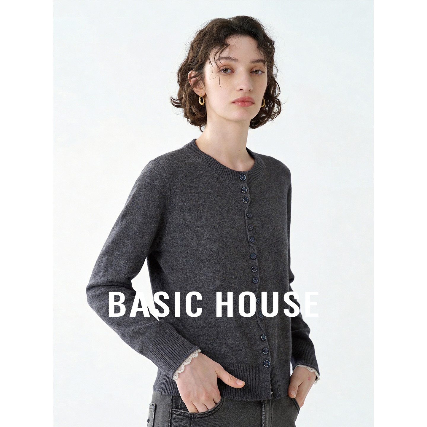 Basic House/百家好灰色圆领羊毛衫女夏季新款舒适百搭针织开衫