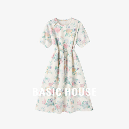 Basic House/百家好碎花连衣裙女夏季新款优雅通勤中长款a字长裙