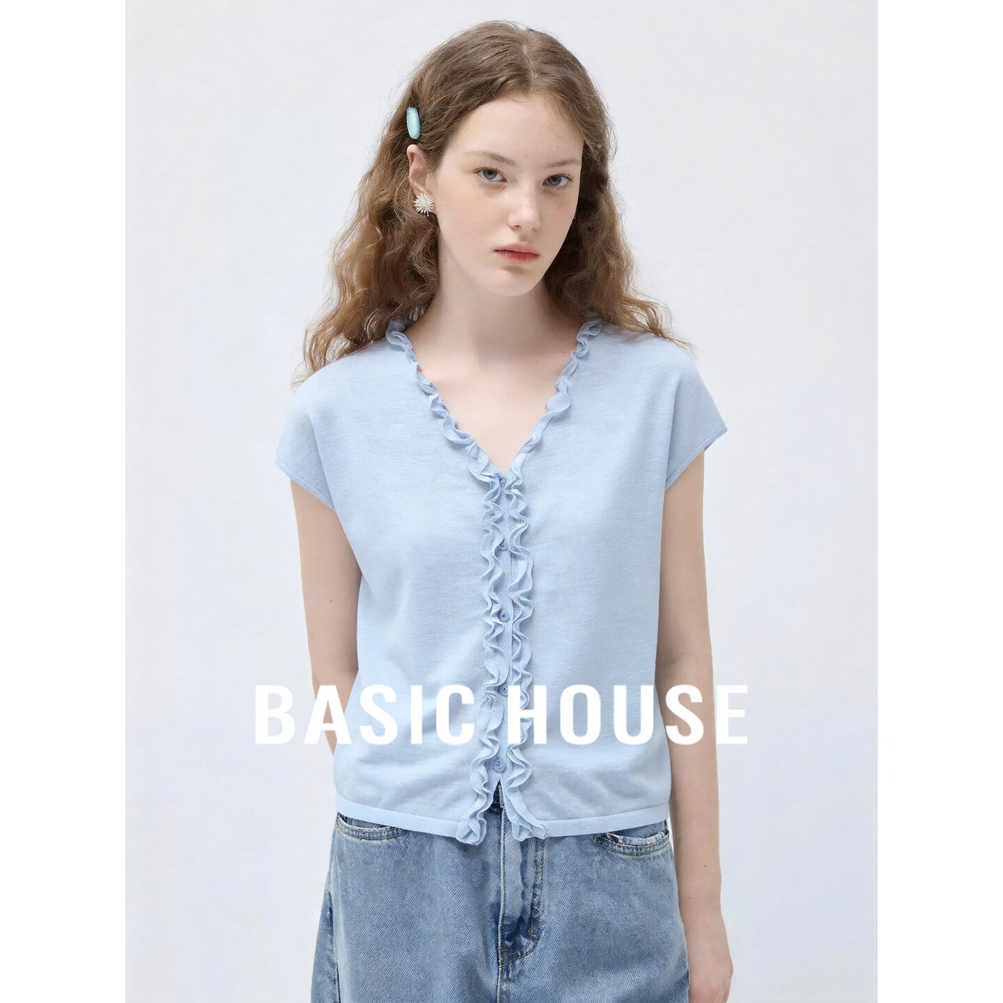 Basic House/百家好休闲风V领花边短袖针织衫女蓝色清新减龄上衣