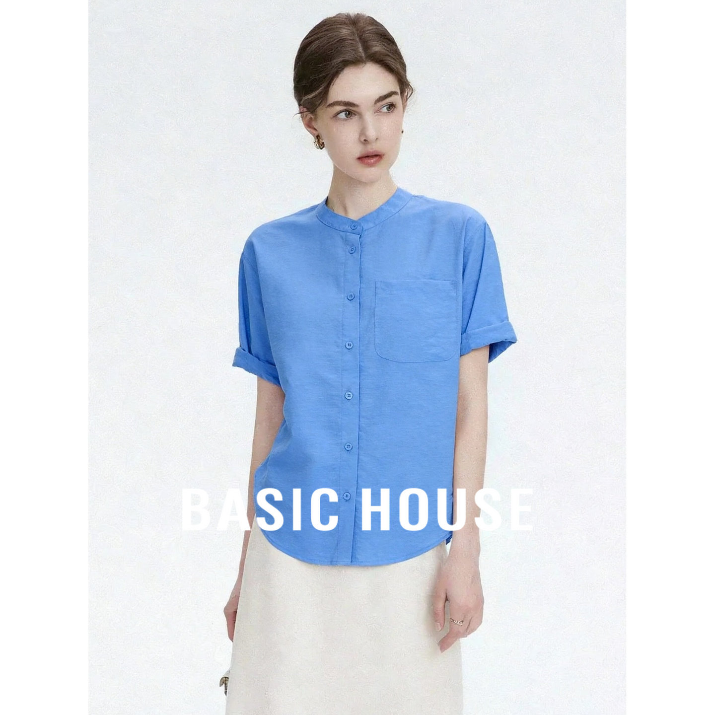 Basic House/百家好蓝色韩系圆领短袖衬衫女夏季日常通勤宽松上衣