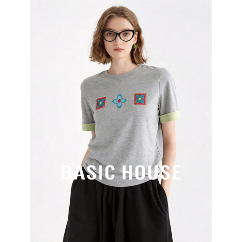 Basic House/百家好撞色印花短袖T恤女夏季新款圆领宽松显瘦上衣