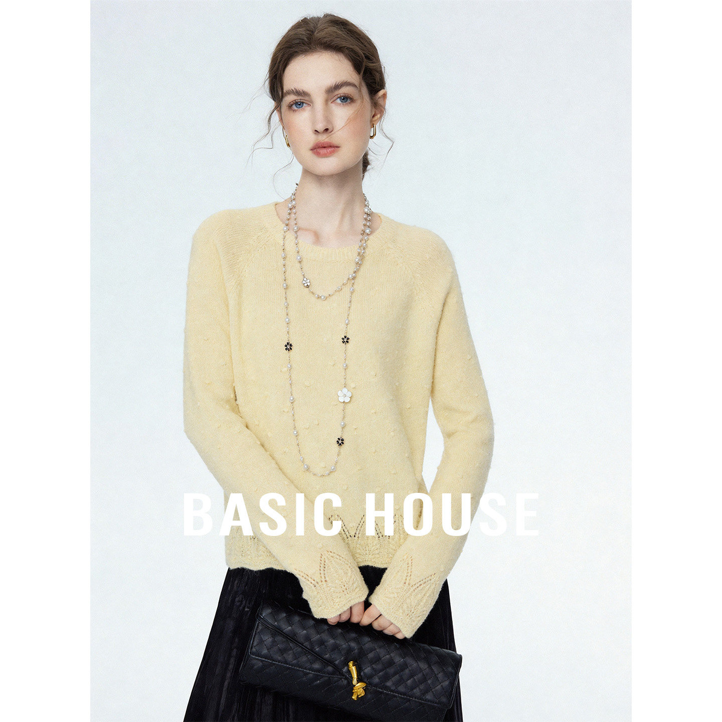 Basic House/百家好纯色镂空花边针织衫秋季好看圆领宽松短款上衣