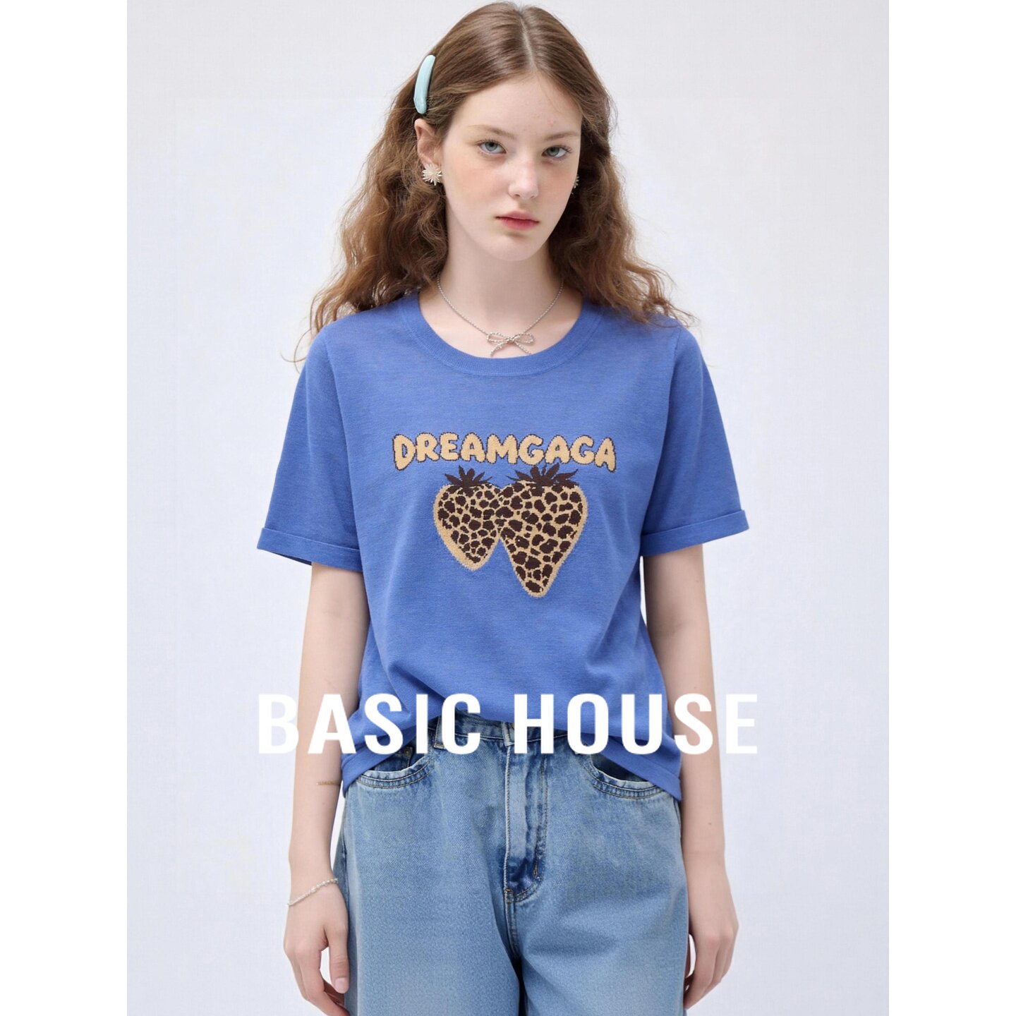 Basic House/百家好韩系甜酷风针织T恤女夏豹纹草莓印花显瘦上衣