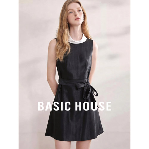 Basic House/百家好赫本风无袖黑色连衣裙女收腰千金风系带A字裙