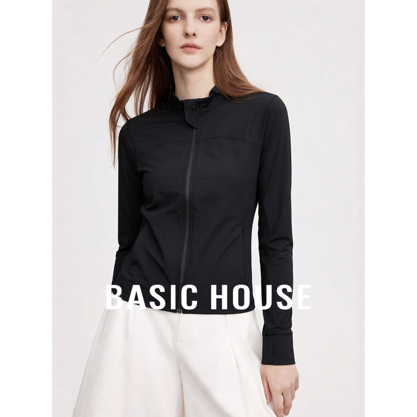 Basic House/百家好黑色立领拉链防晒服女夏长袖修身短款时尚外套