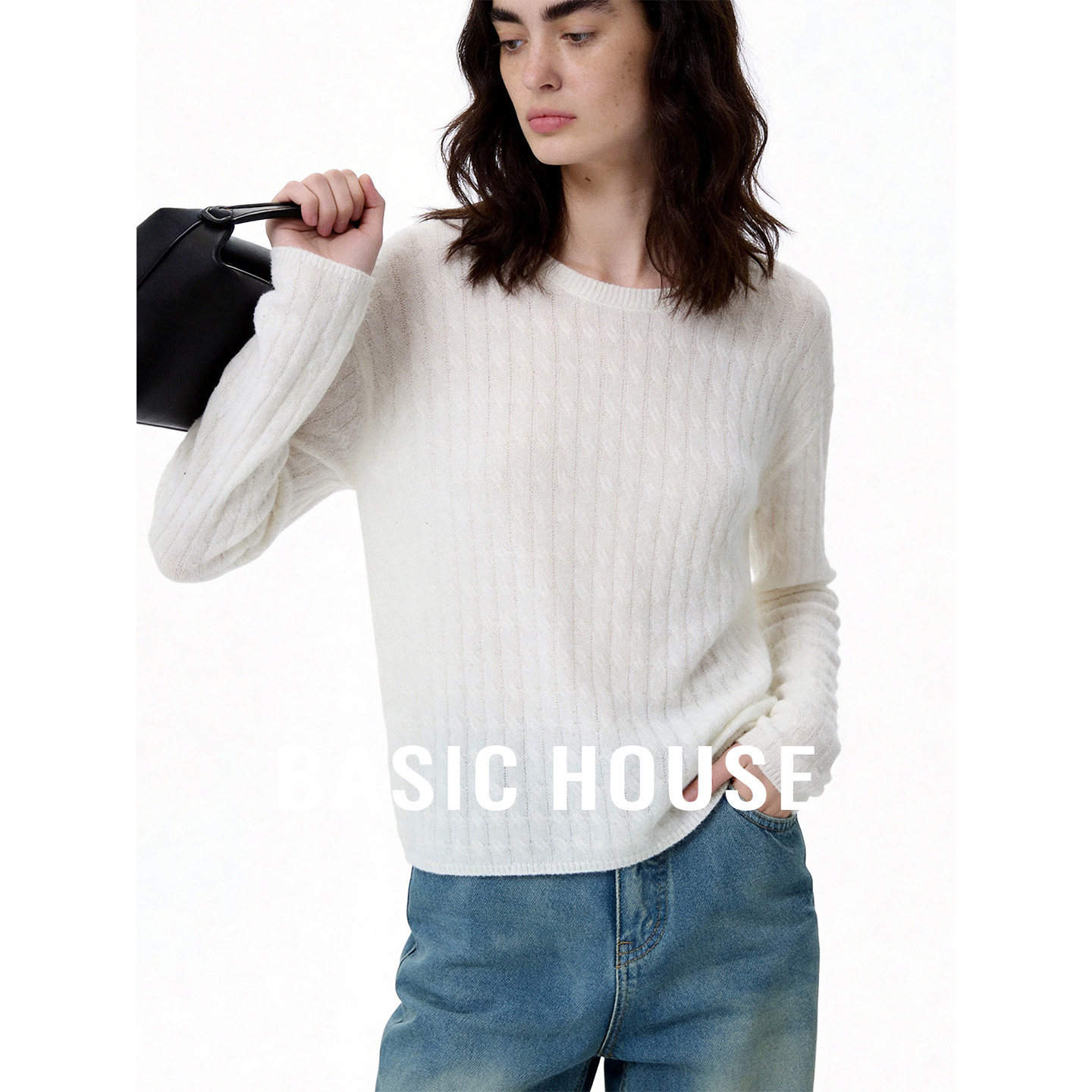 Basic House/百家好温柔风白色坑条针织衫女春装宽松慵懒套头上衣