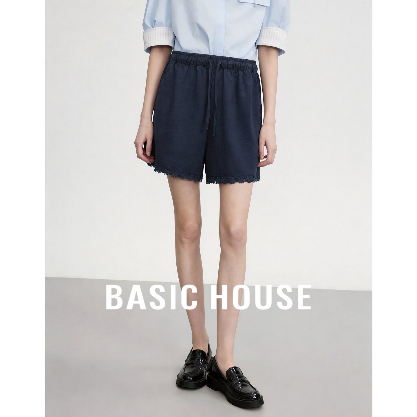 Basic House/百家好莱赛尔休闲度假抽绳短裤女夏宽松百搭休闲显瘦