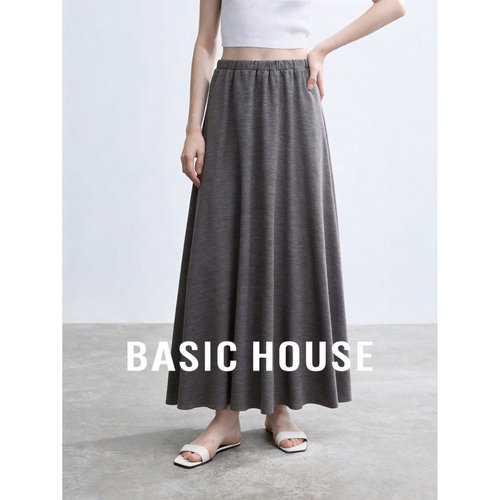 Basic House/百家好慵懒风灰色半身裙女2026夏季松紧腰通勤A字裙