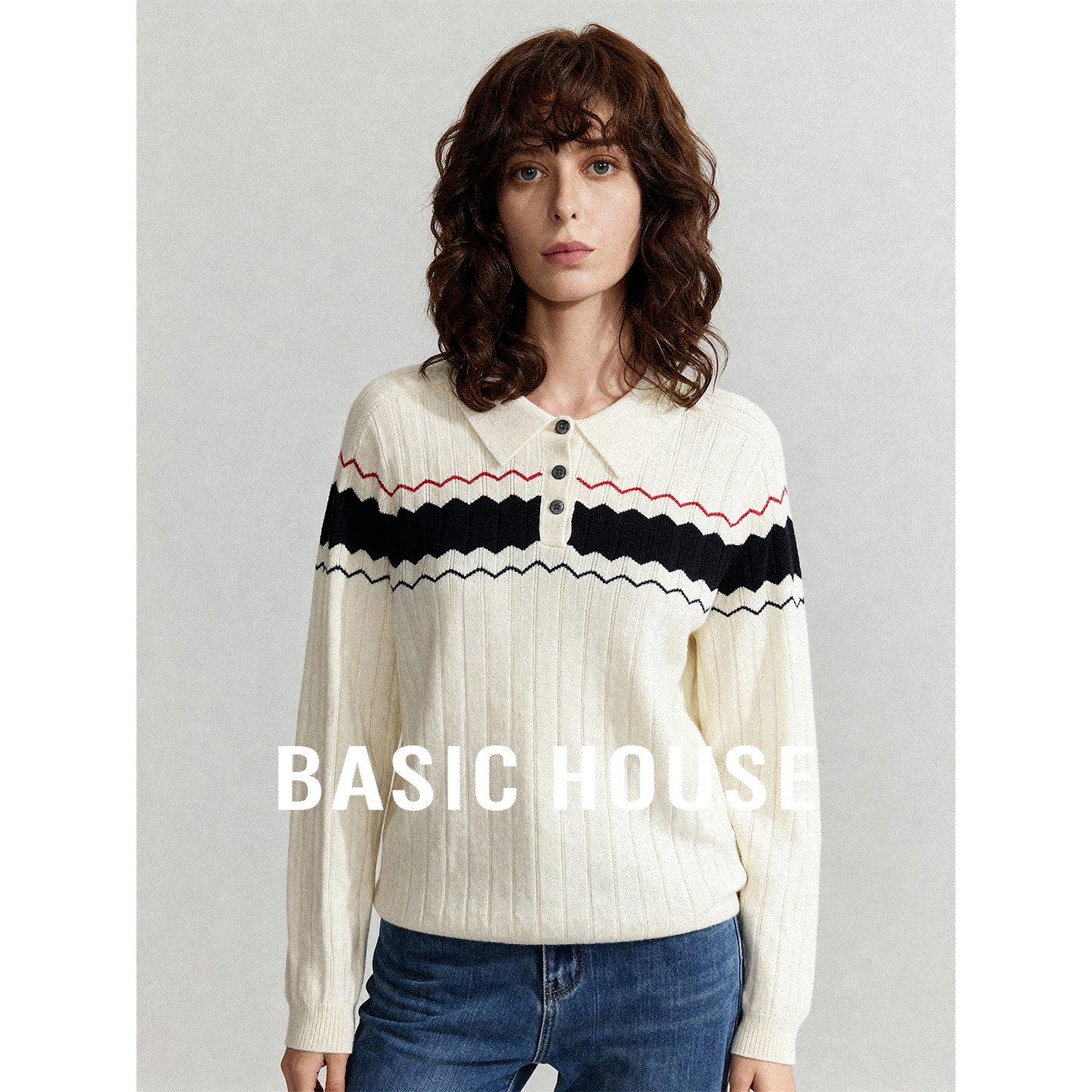 Basic House/百家好秋冬新款复古波浪条纹Polo领绵羊毛保暖毛衣女