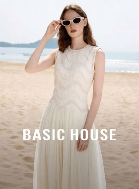 Basic House/百家好白色无袖拼接连衣裙女2026高级感圆领长款裙子