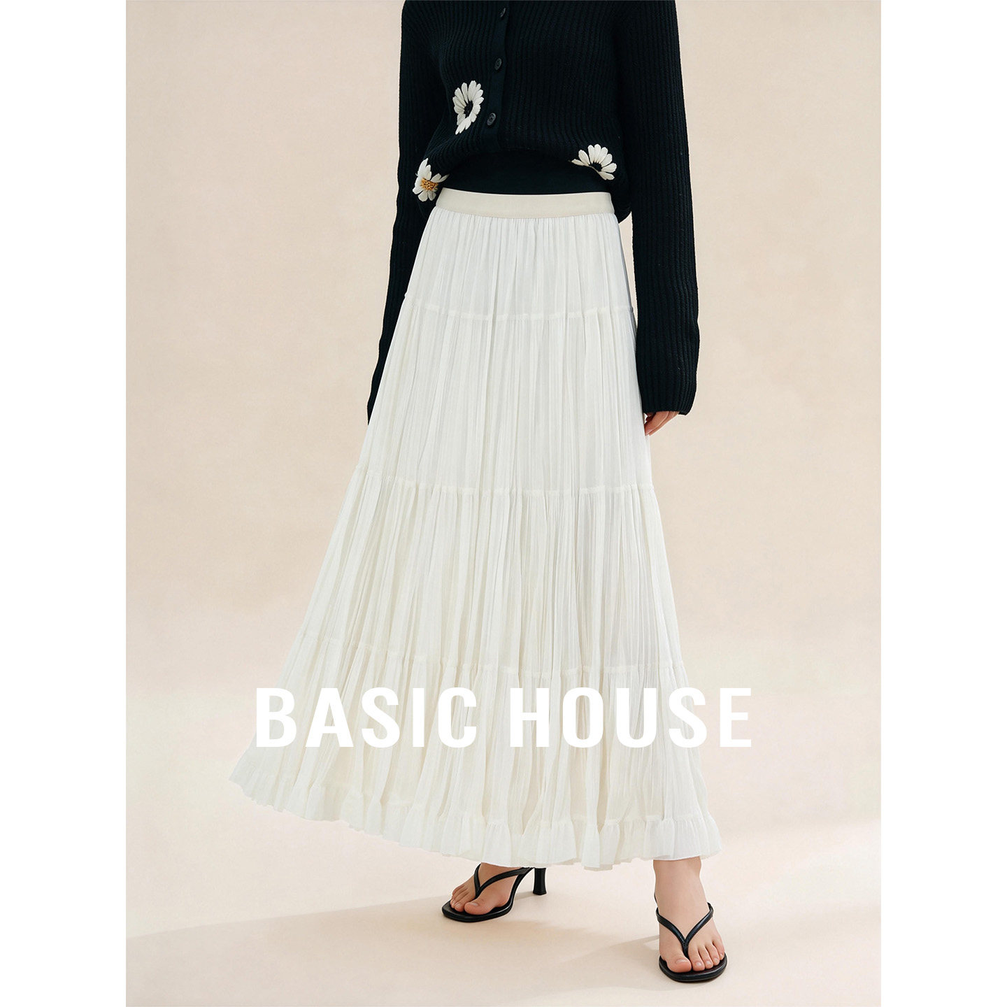 Basic House/百家好松紧腰长款百褶半身裙秋季宽松显瘦大裙摆裙子