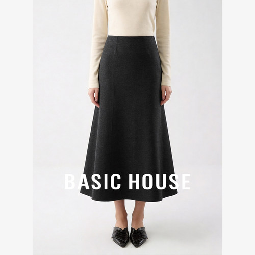 Basic House/百家好极简高腰A字半身裙女中长款垂感显瘦毛呢半裙
