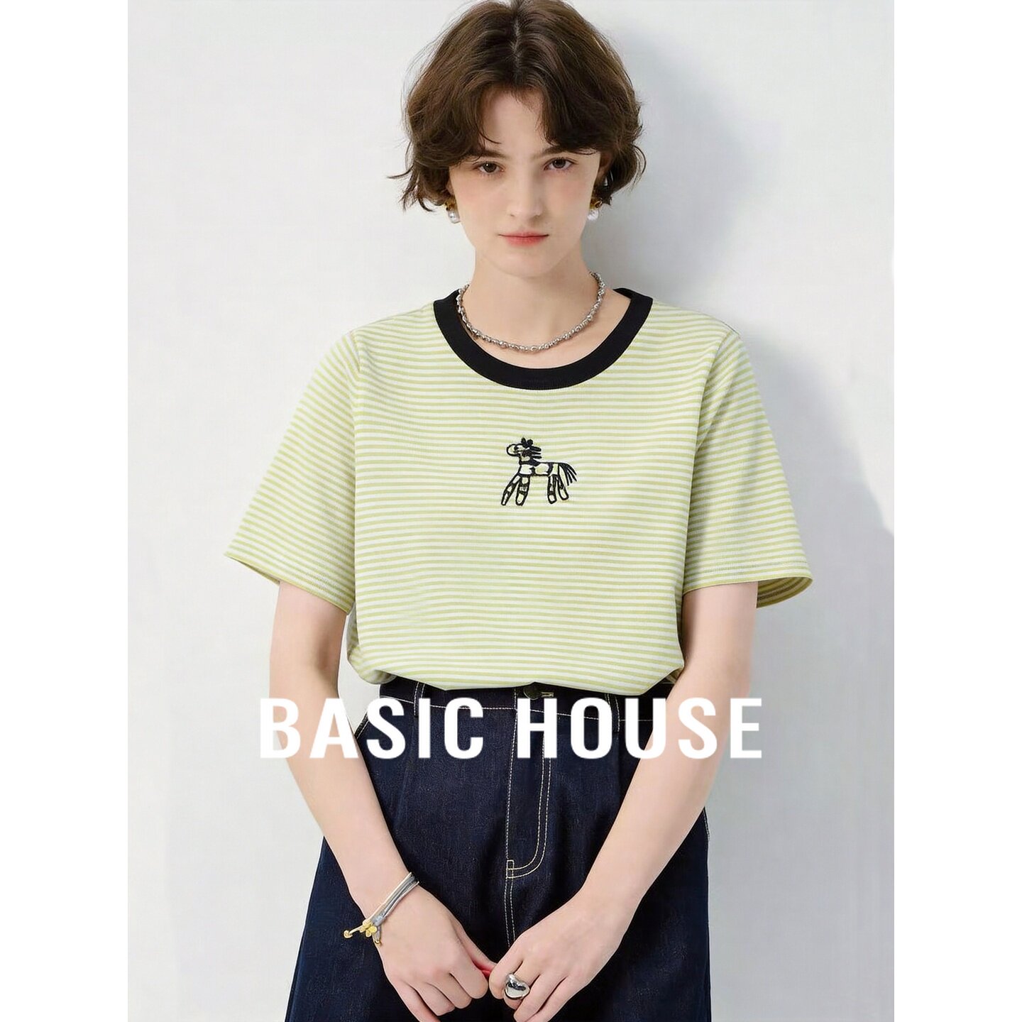 Basic House/百家好黄色撞色条纹短袖针织衫女夏季莱赛尔舒适上衣