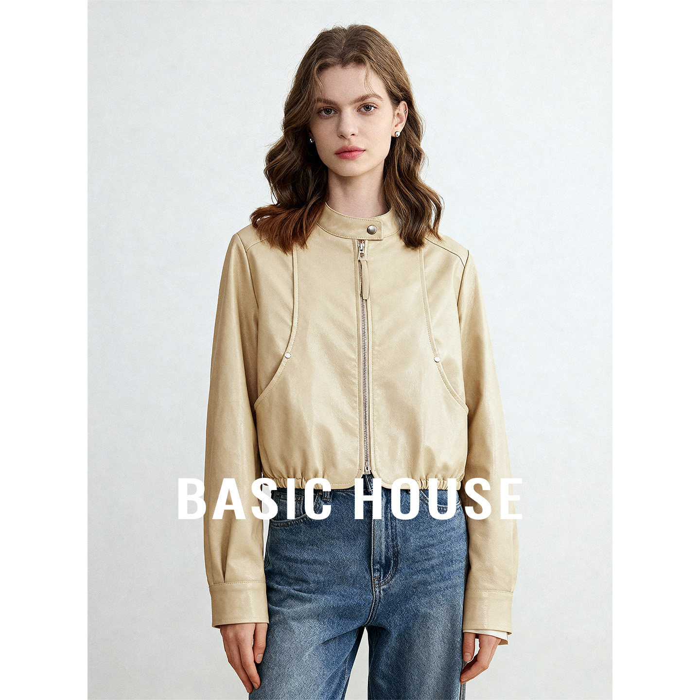 Basic House/百家好黄色立领短款皮夹克女春季新款机车风拉链外套