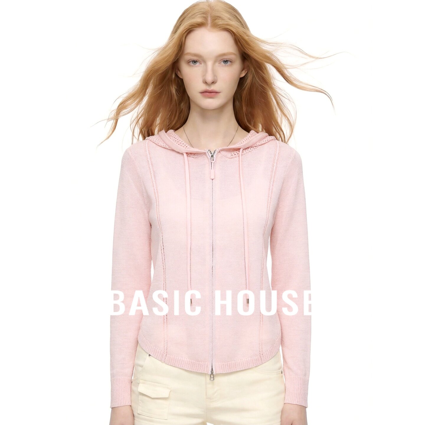 Basic House/百家好粉色连帽温柔风针织开衫女夏超好看透气上衣