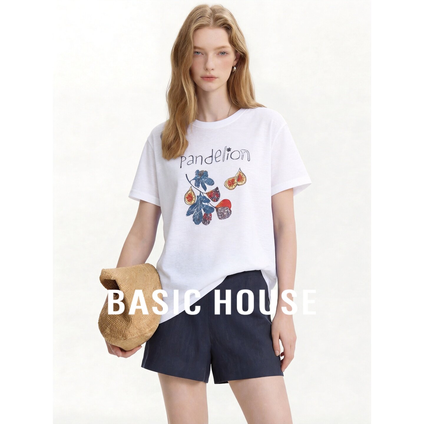 Basic House/百家好白色印花圆领短袖T恤女夏季宽松休闲气质上衣