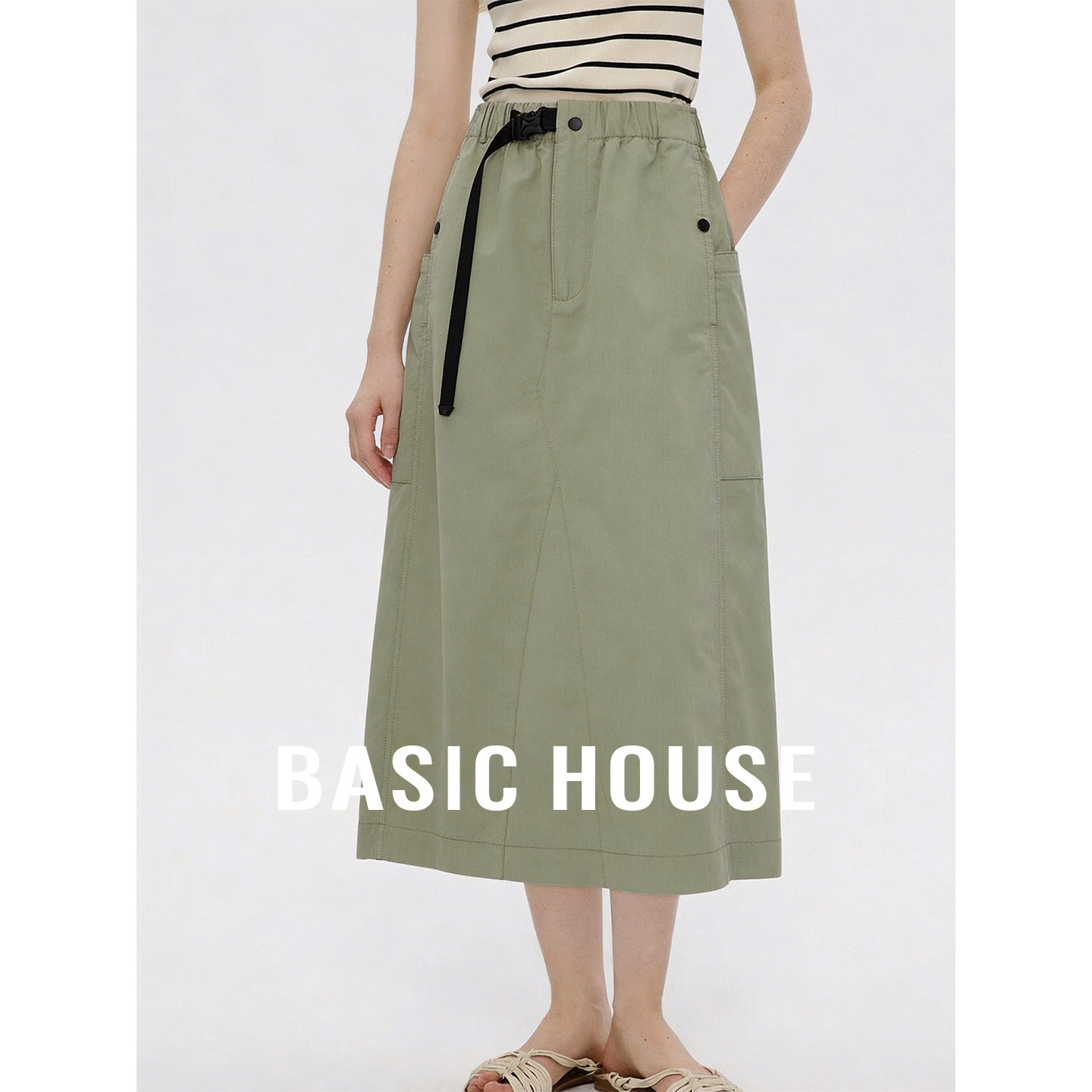 Basic House/百家好2026夏季新款草绿色工装半身裙女设计感中长裙