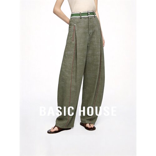 Basic House/百家好高腰弯刀裤女宽松显瘦阔腿牛仔裤休闲直筒长裤
