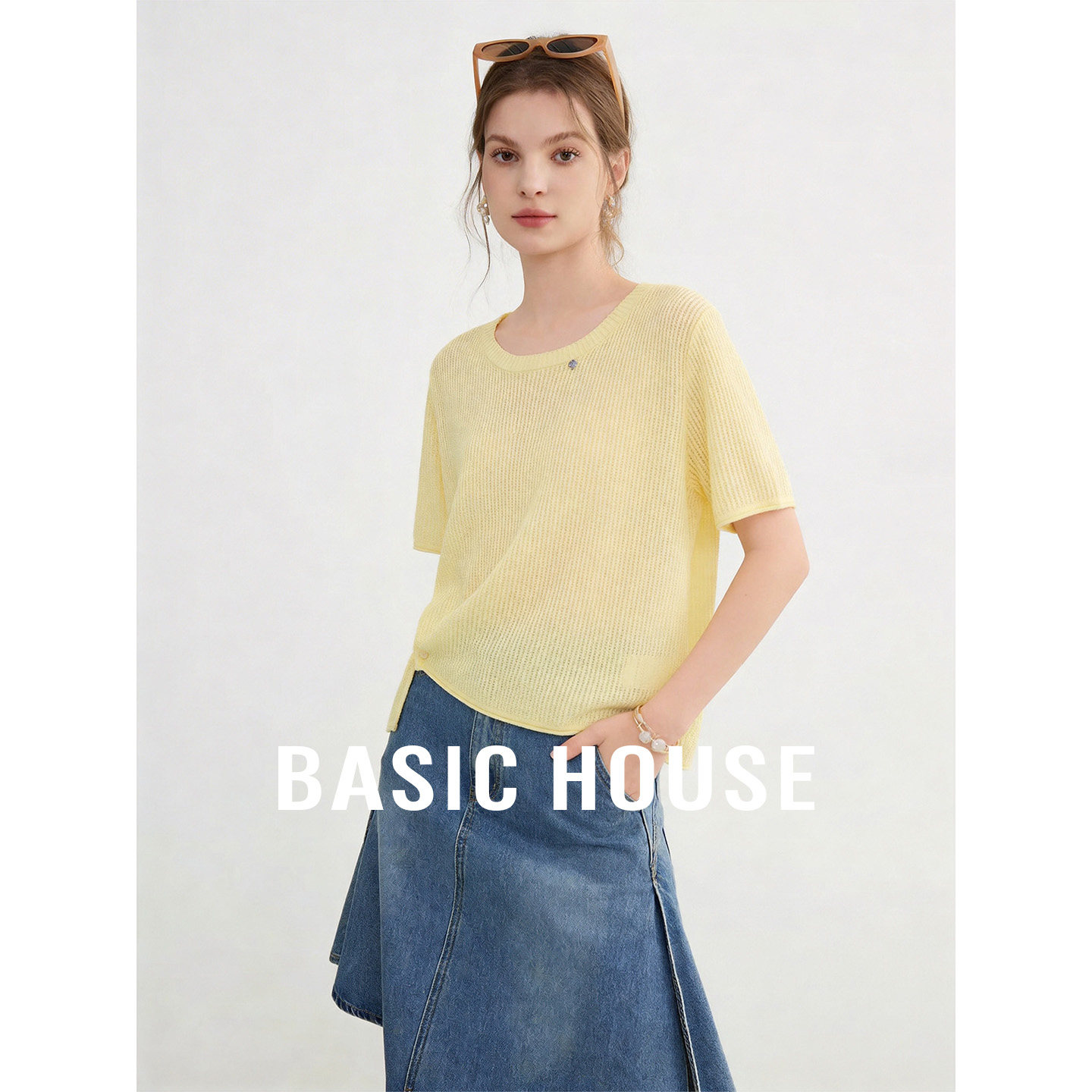 Basic House/百家好莱赛尔宽松短袖针织衫2026新款圆领不规则上衣