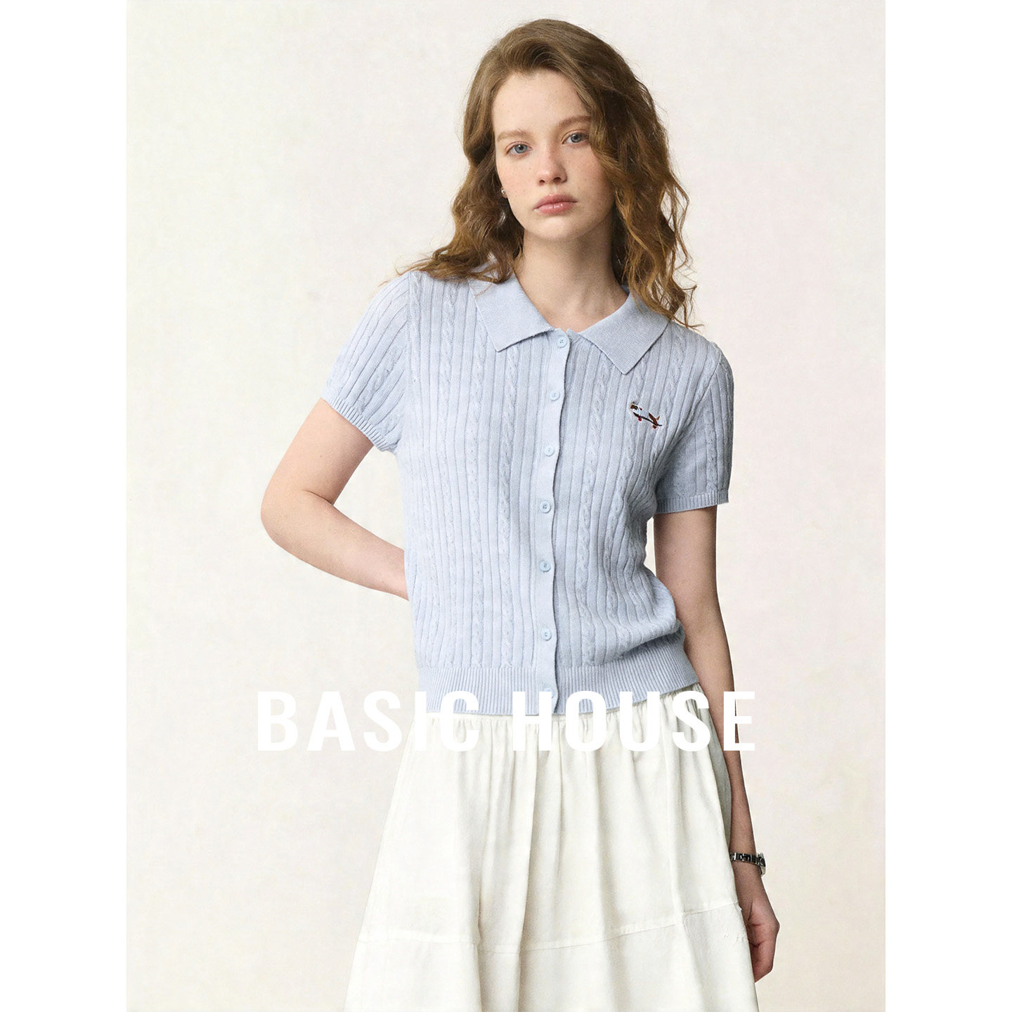 Basic House/百家好莱赛尔刺绣短袖针织开衫夏季新款polo领上衣女
