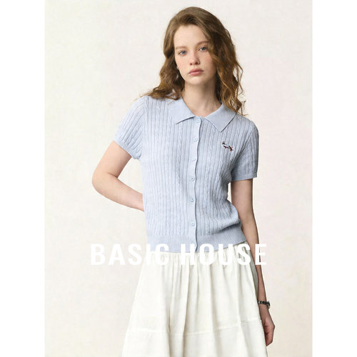 Basic House/百家好莱赛尔短袖针织开衫夏季2026新款polo领上衣女