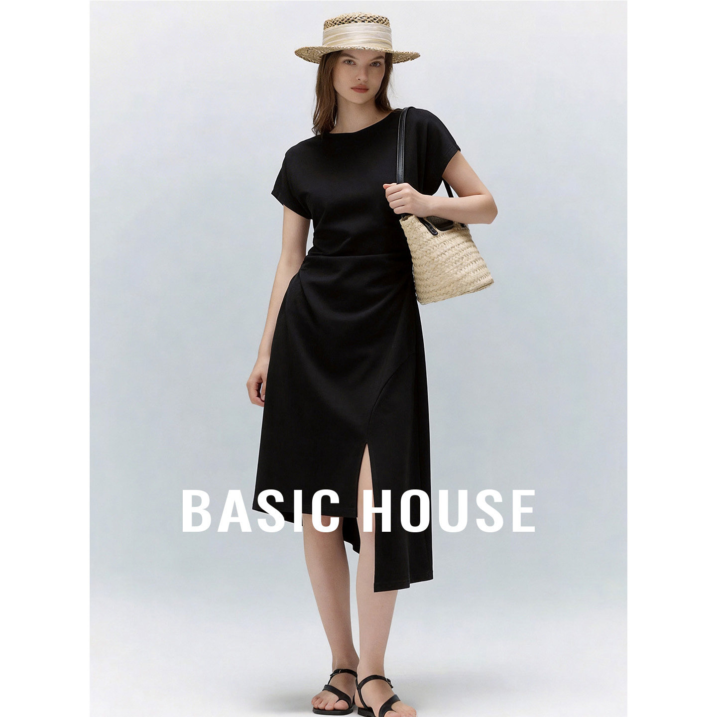 Basic House/百家好黑色收腰开叉短袖连衣裙夏气质圆领中长款裙子