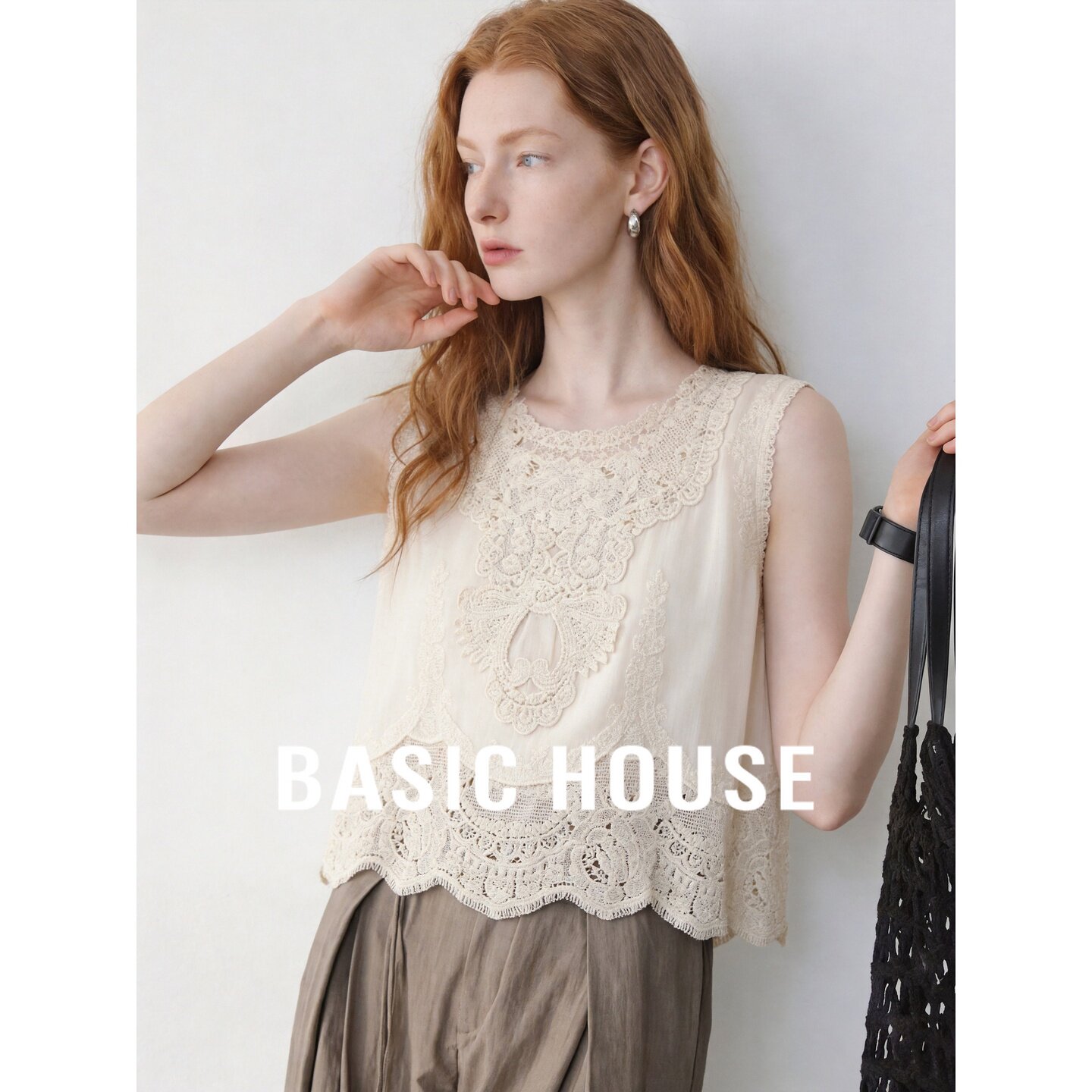 Basic House/百家好法式白色蕾丝重工刺绣背心女夏季纯棉无袖上衣