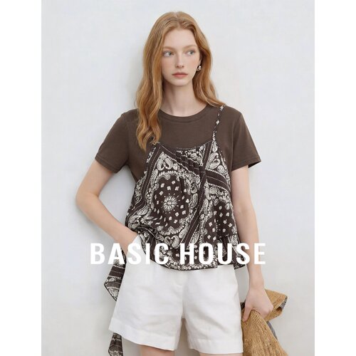 Basic House/百家好假两件印花短袖T恤女咖色拼接设计感百搭上衣