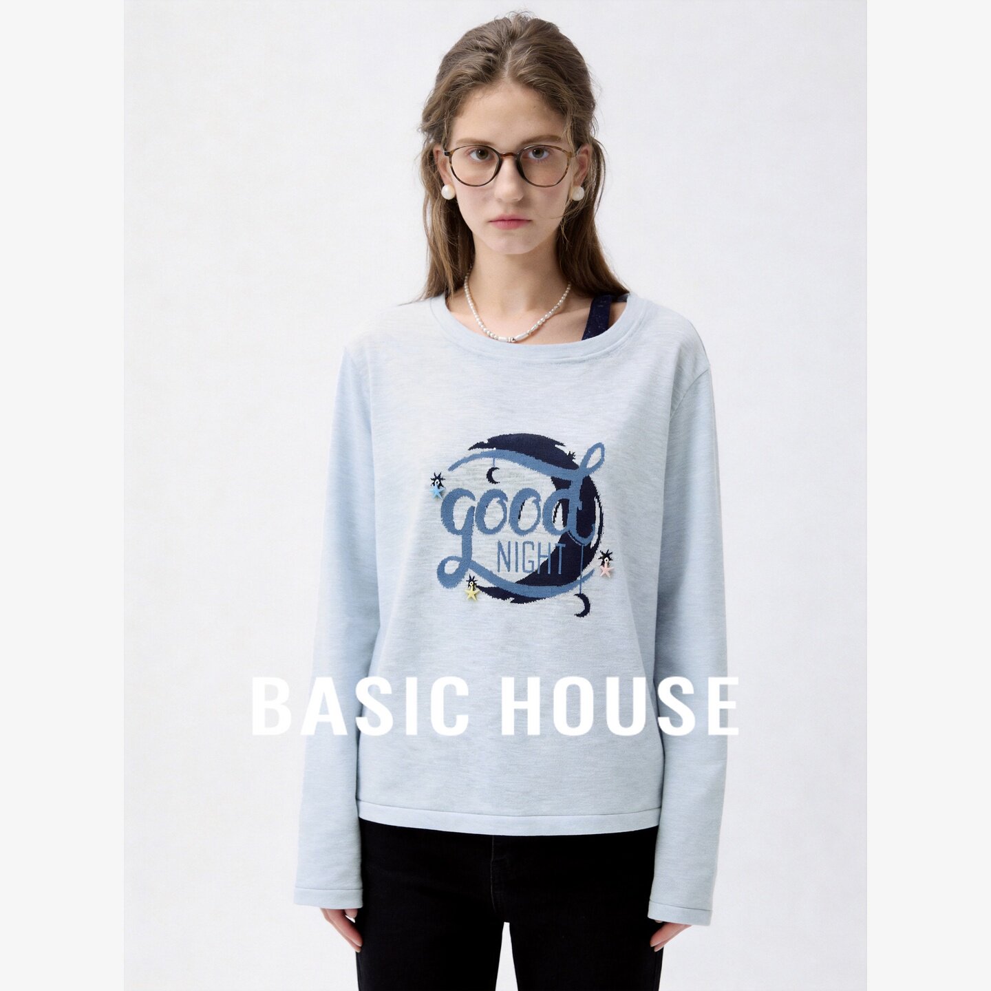 Basic House/百家好绑带设计感字母印花长袖针织衫女圆领毛衣上衣