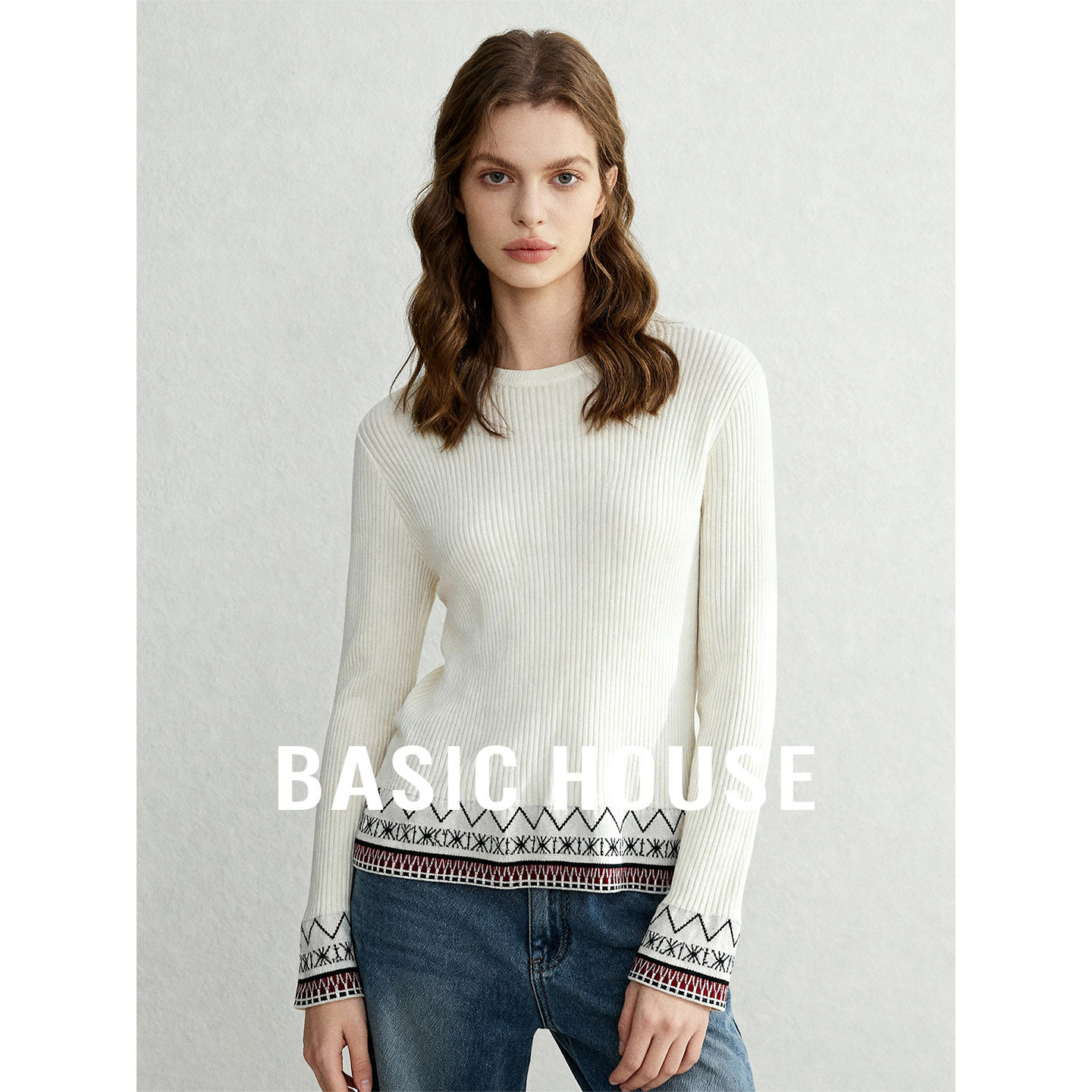 Basic House/百家好圆领民族风袖口设计针织衫女秋季小众百搭上衣